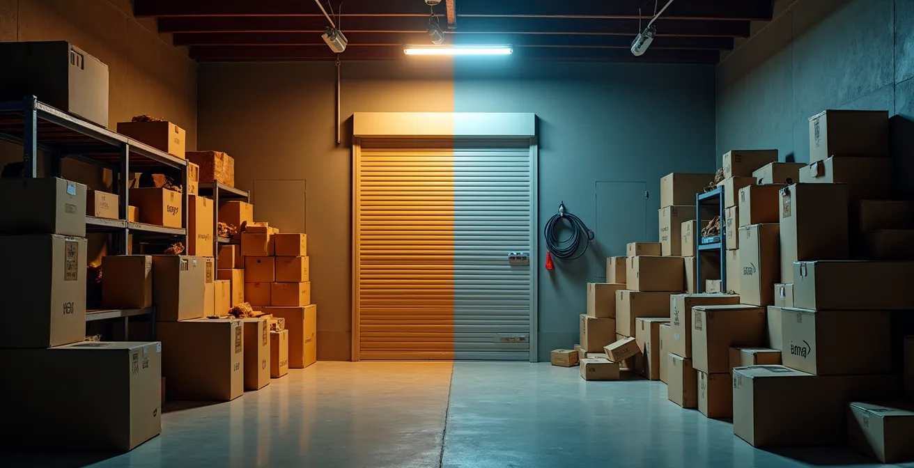 Comparaison visuelle entre un garage encombré et un box de stockage professionnel