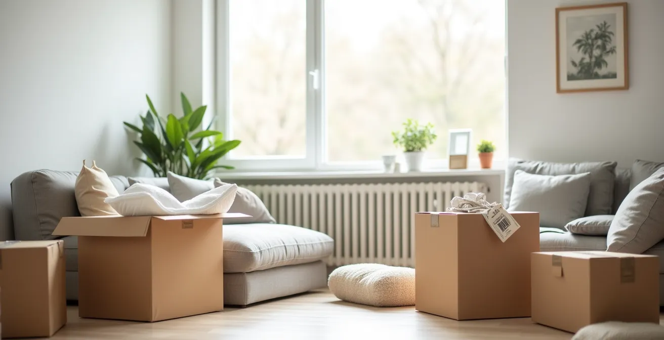 Vue environnementale d'un salon avec cartons et objets fragiles soigneusement emballés