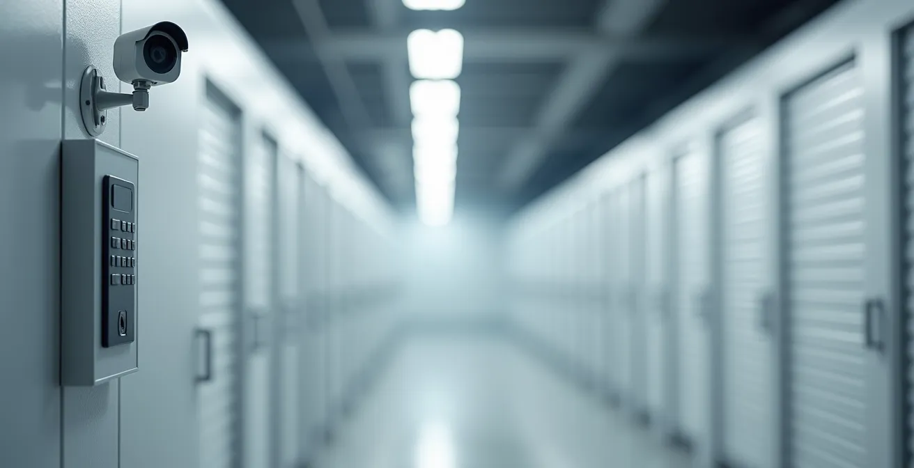 Système de sécurité moderne avec caméra et digicode dans un couloir de stockage