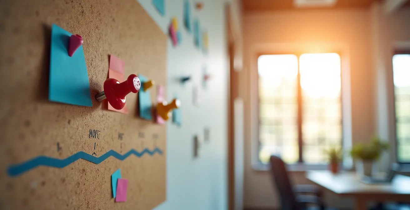 Calendrier mural avec épingles colorées marquant les différentes phases d'un déménagement étalé sur plusieurs semaines