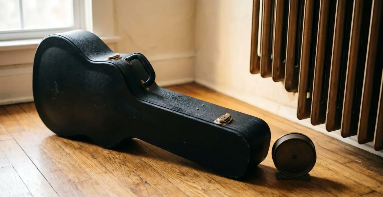 Étui de guitare fermé dans un intérieur chaleureux pendant la phase d'acclimatation thermique après transport hivernal