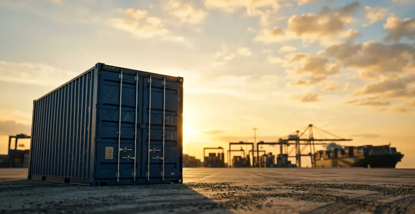 Scène professionnelle illustrant la sécurité d'un transfert international avec conteneurs maritimes
