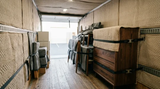 Camion utilitaire 20m³ avec intérieur capitonné protégeant des meubles en bois précieux lors d'un déménagement professionnel