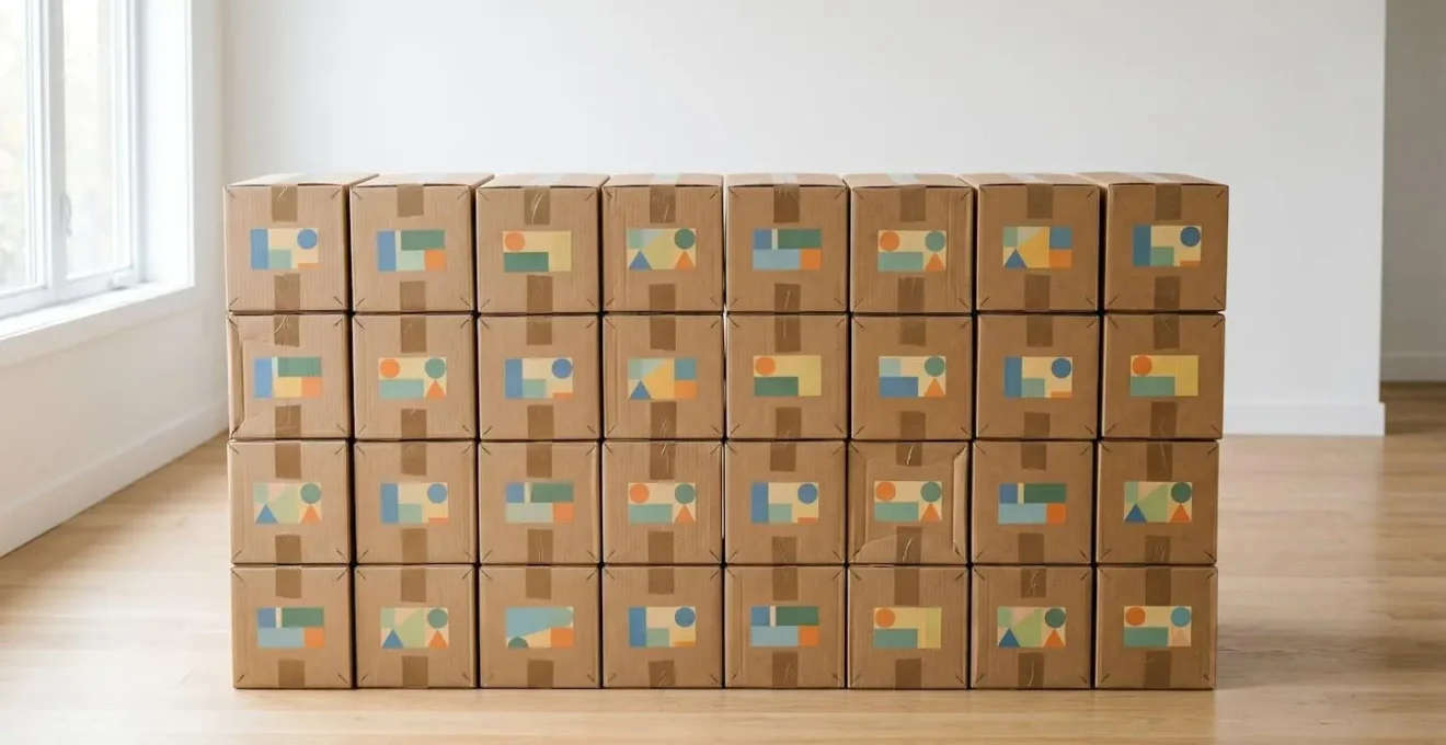 Cartons spécialisés pour livres empilés de manière organisée avec système d'étiquetage visible