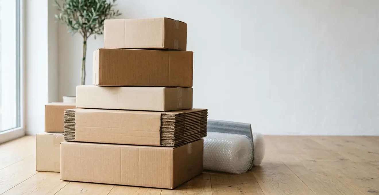 Cartons renforcés à double cannelure empilés et matériel d'emballage professionnel pour déménagement sécurisé