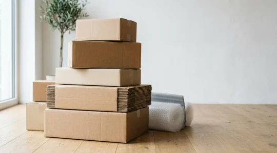 Cartons renforcés à double cannelure empilés et matériel d'emballage professionnel pour déménagement sécurisé