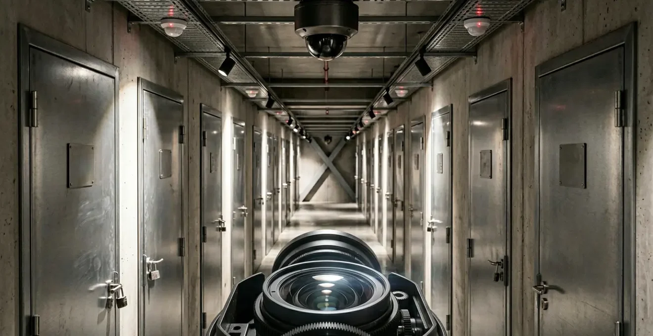 Dispositif de vidéosurveillance professionnel dans un couloir sécurisé de centre de stockage