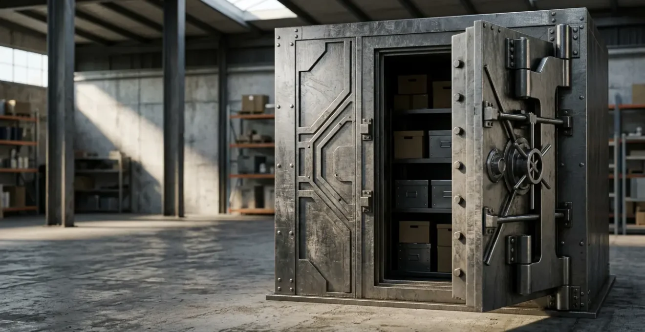 Coffre-fort métallique sécurisé dans un entrepôt de stockage professionnel illustrant la protection des biens assurés