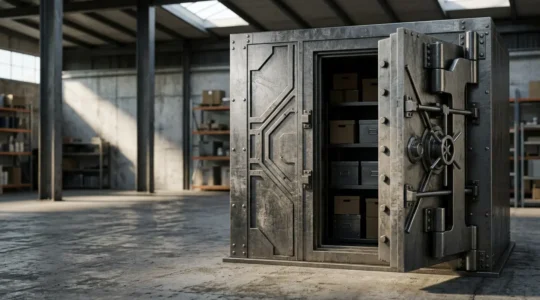 Coffre-fort métallique sécurisé dans un entrepôt de stockage professionnel illustrant la protection des biens assurés