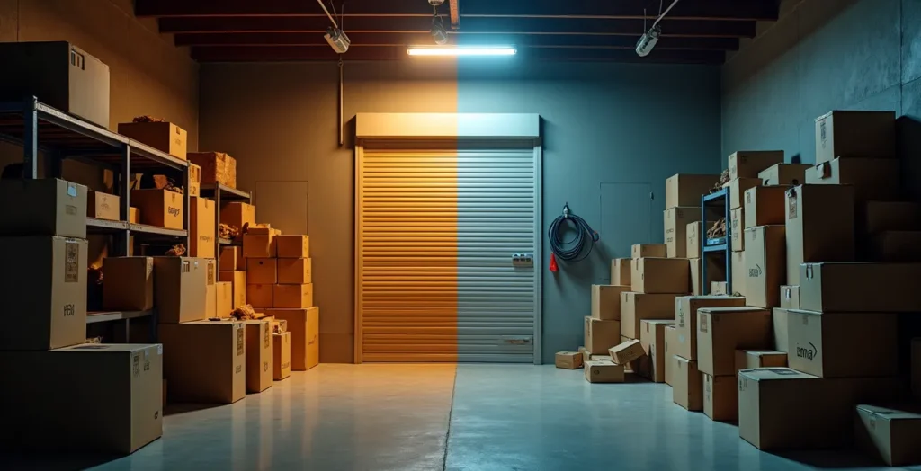Comparaison visuelle entre un garage encombré et un box de stockage professionnel