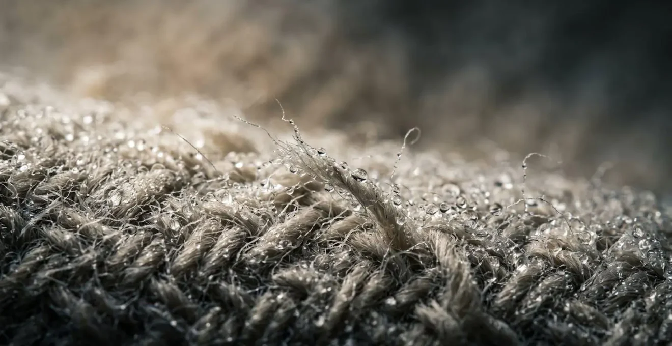 Détail macro de condensation sur surface textile dans environnement confiné