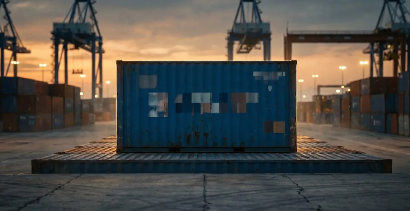 Conteneur de déménagement en attente au terminal portuaire illustrant les conséquences d'un blocage douanier