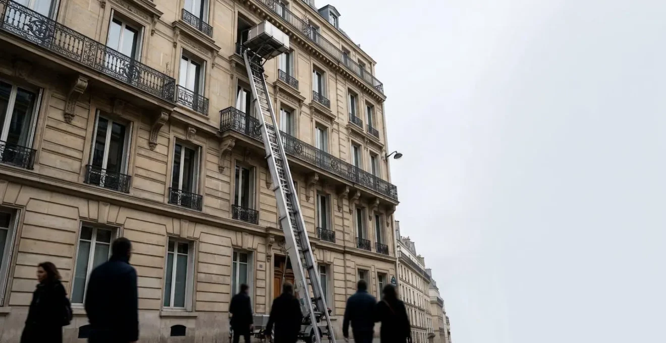 Vue en contre-plongée d'un monte-meuble extérieur visible depuis la rue devant un immeuble urbain