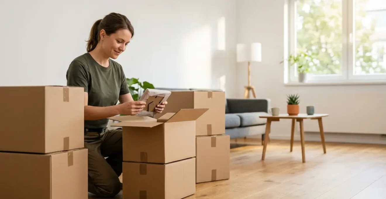 Professionnel du déménagement déballant des cartons dans un intérieur lumineux et organisé