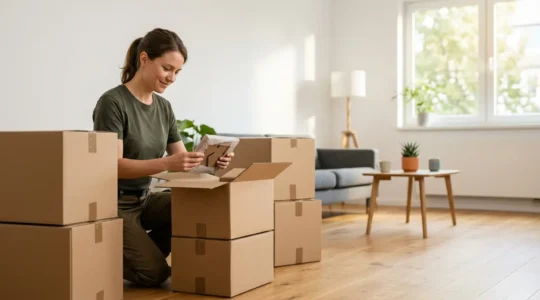 Professionnel du déménagement déballant des cartons dans un intérieur lumineux et organisé