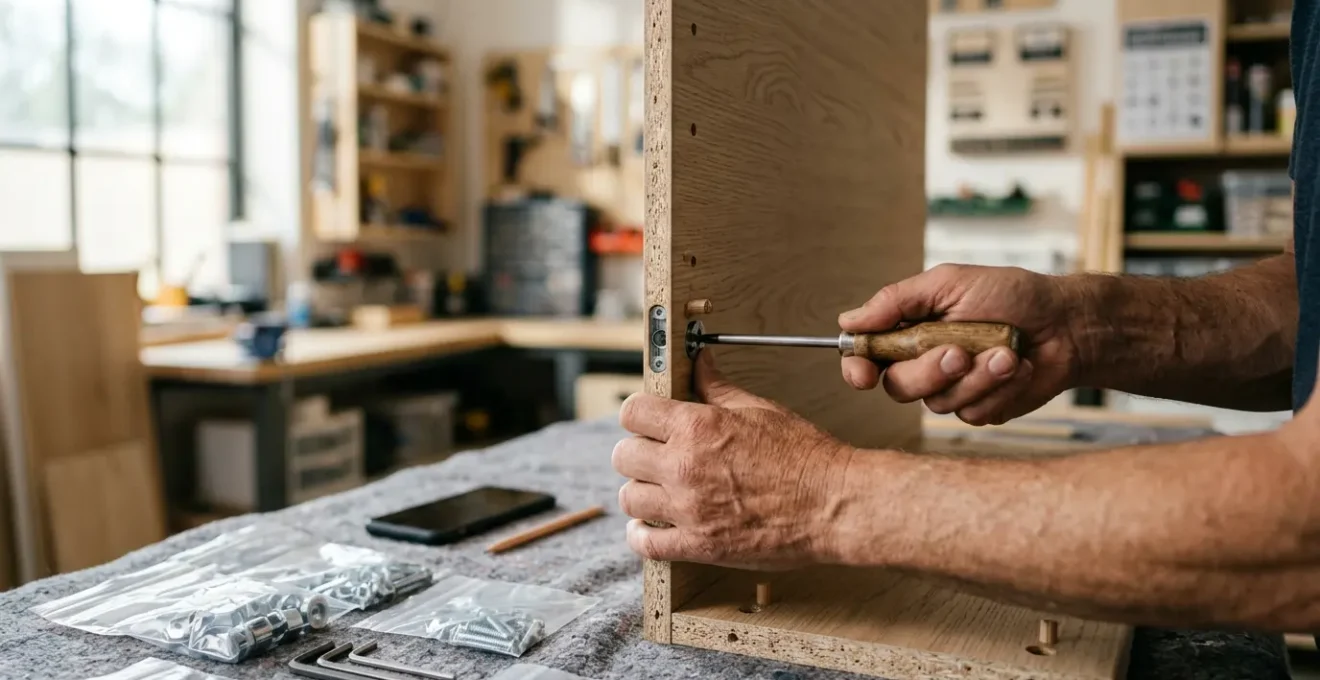 Démontage professionnel de mobilier en bois aggloméré avec outils de précision