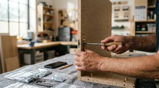 Démontage professionnel de mobilier en bois aggloméré avec outils de précision