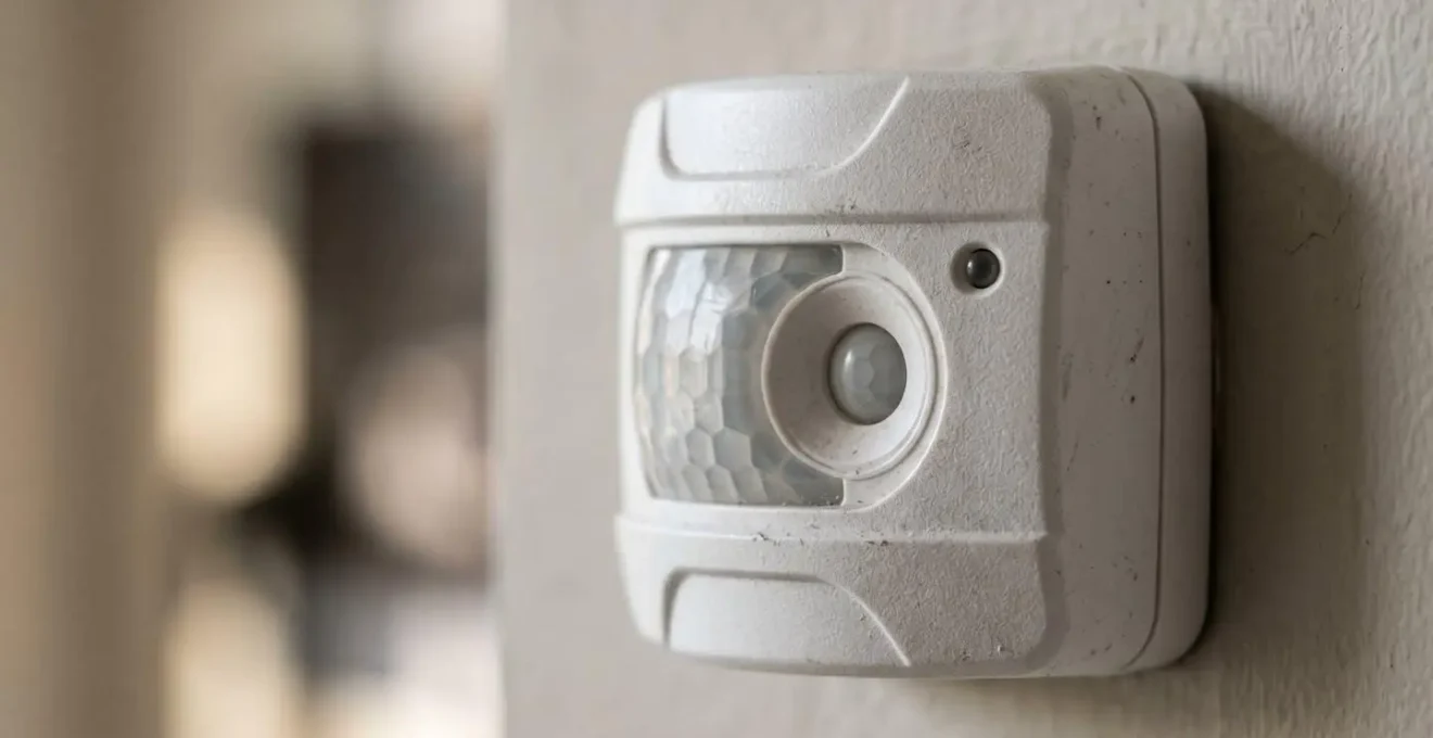Gros plan macro sur un détecteur de mouvement d'alarme connectée