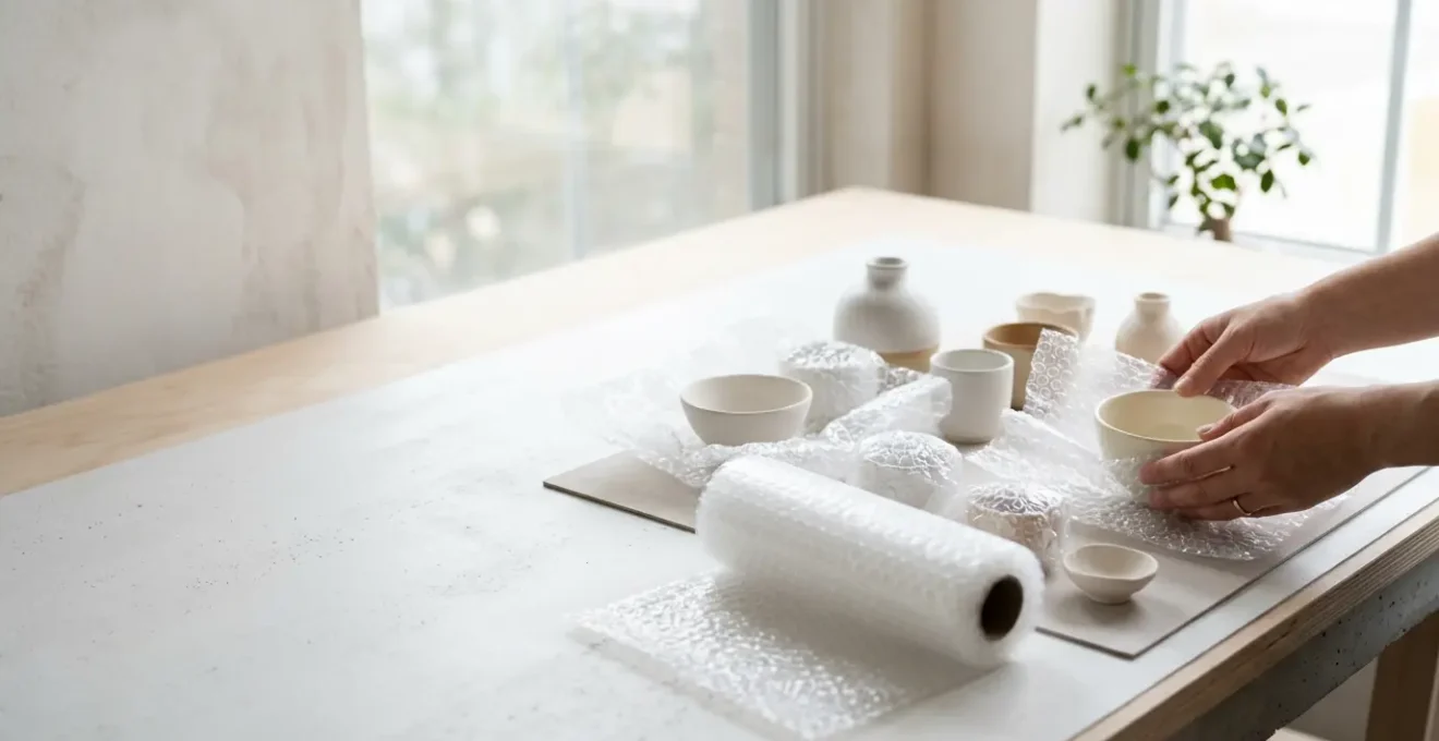 Emballage professionnel d'objets fragiles avec du papier bulle pour un transport sécurisé
