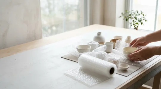 Emballage professionnel d'objets fragiles avec du papier bulle pour un transport sécurisé