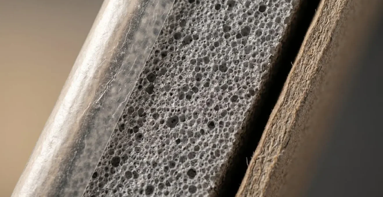 Détail macro des couches de protection superposées pour l'emballage d'un miroir ancien avec papier glassine et mousse haute densité