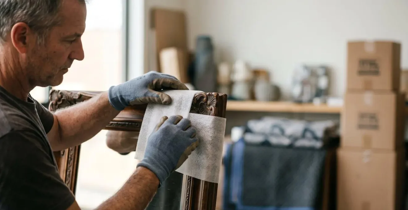 Emballage professionnel en trois couches pour miroir ancien avec film mousse, cornières de protection et couverture