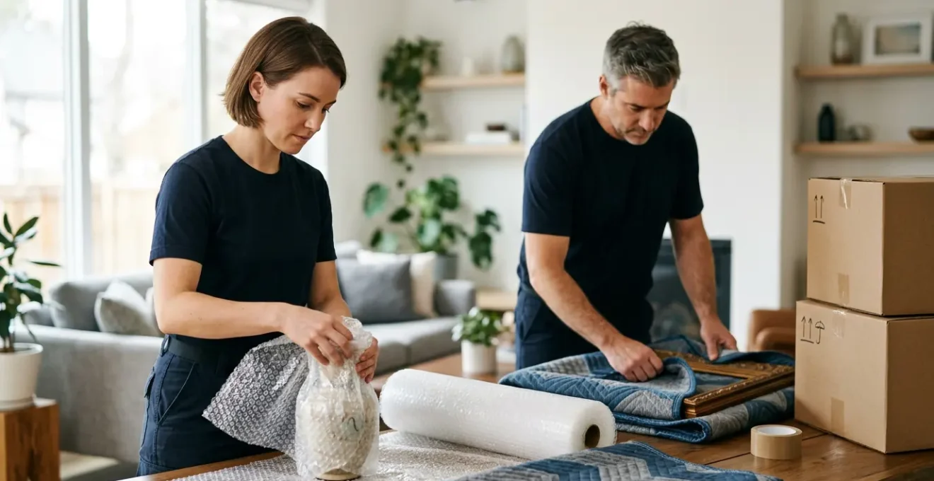 Équipe de déménageurs professionnels emballant soigneusement des objets fragiles dans un intérieur moderne