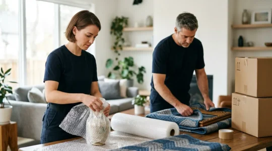 Équipe de déménageurs professionnels emballant soigneusement des objets fragiles dans un intérieur moderne