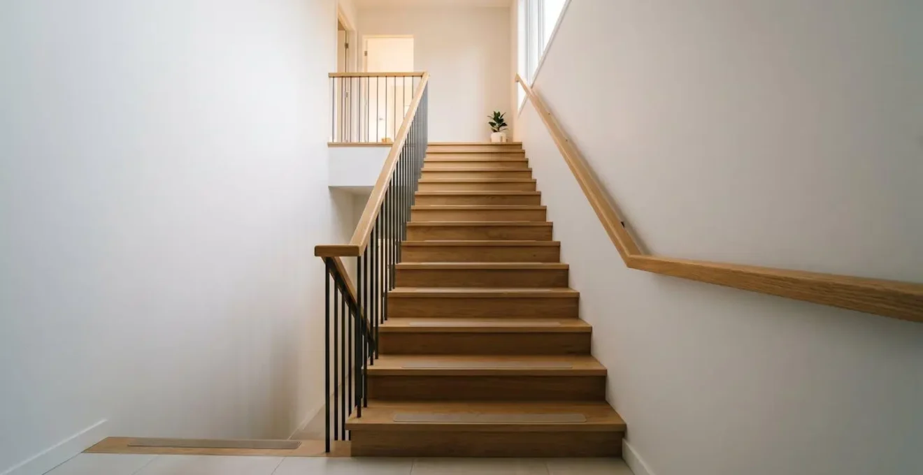 Escalier résidentiel sécurisé avec bandes antidérapantes et éclairage optimal lors d'un déménagement