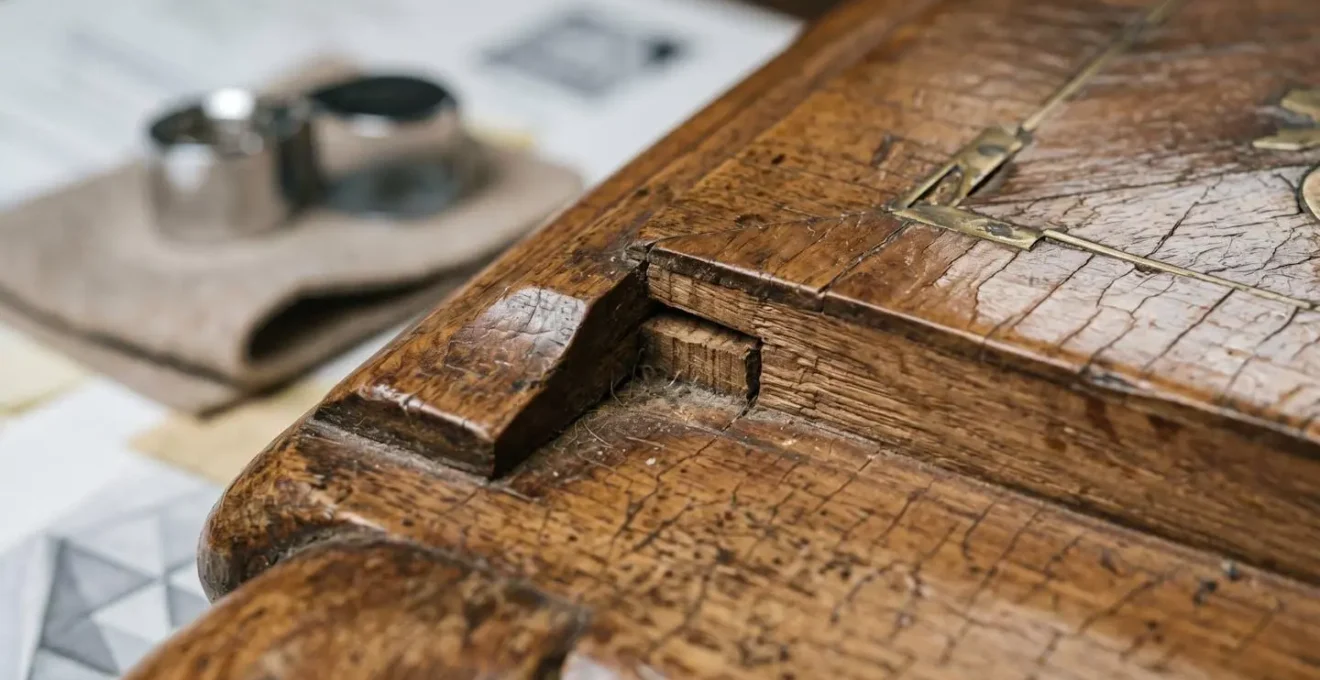 Expert examinant un meuble ancien avec loupe et documentation photographique détaillée