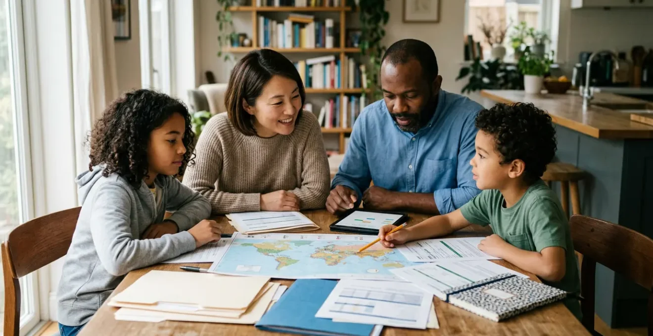 Famille planifiant un déménagement international avec calendrier et documents administratifs