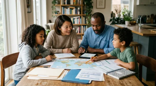 Famille planifiant un déménagement international avec calendrier et documents administratifs