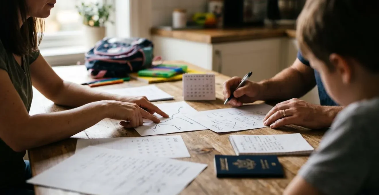 Scène familiale de planification d'un déménagement international avec organisation méthodique des étapes administratives