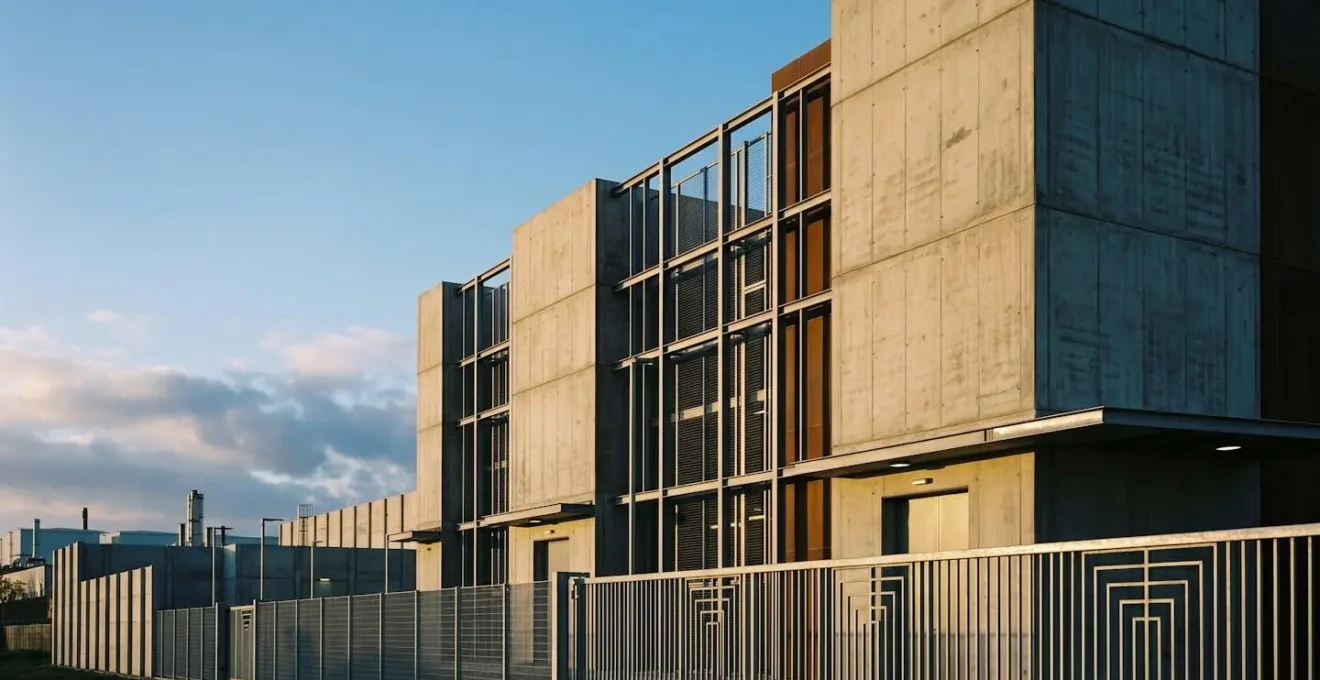 Architecture sécurisée d'un centre de stockage professionnel évoquant une protection maximale