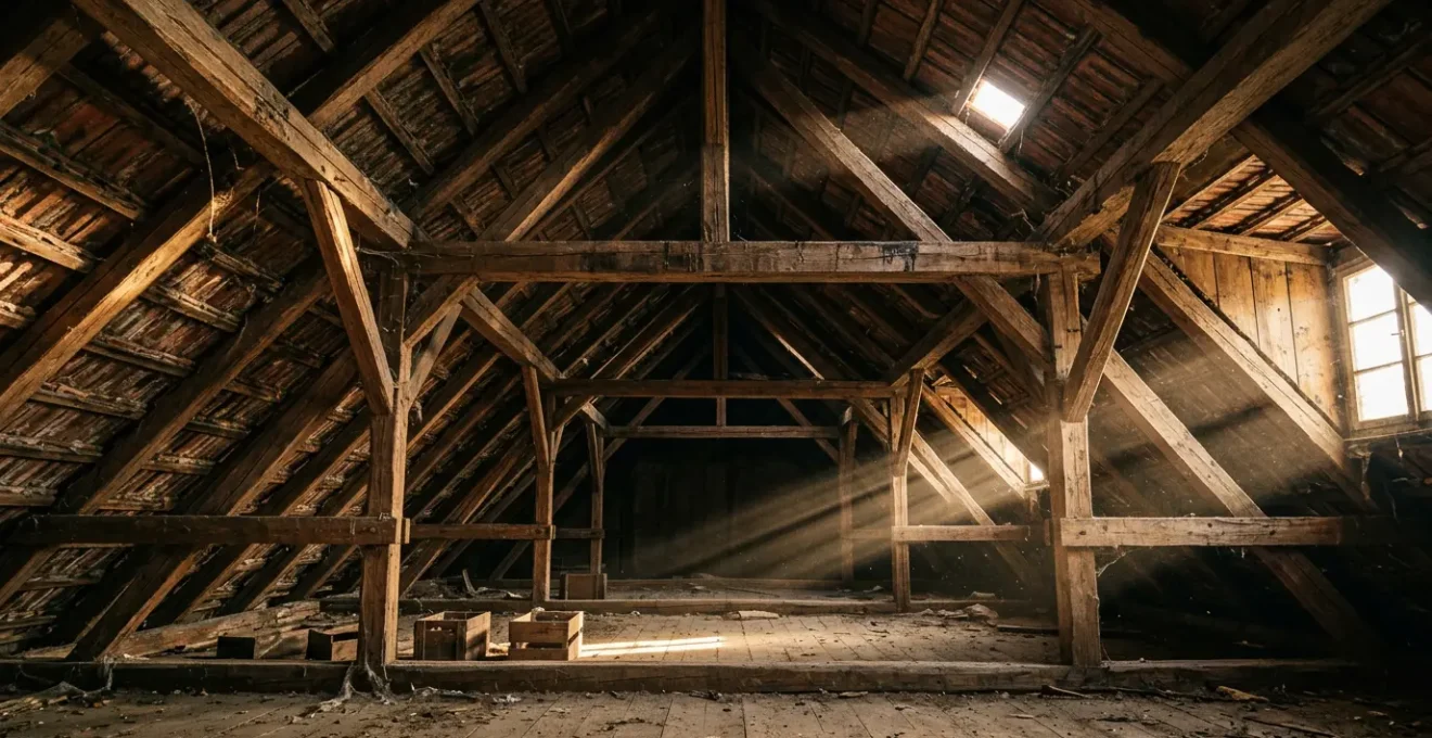 Inspection des combles d'une maison ancienne avec signes d'infiltration d'eau par la toiture