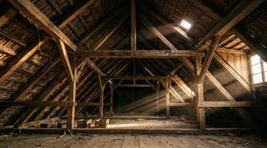 Inspection des combles d'une maison ancienne avec signes d'infiltration d'eau par la toiture