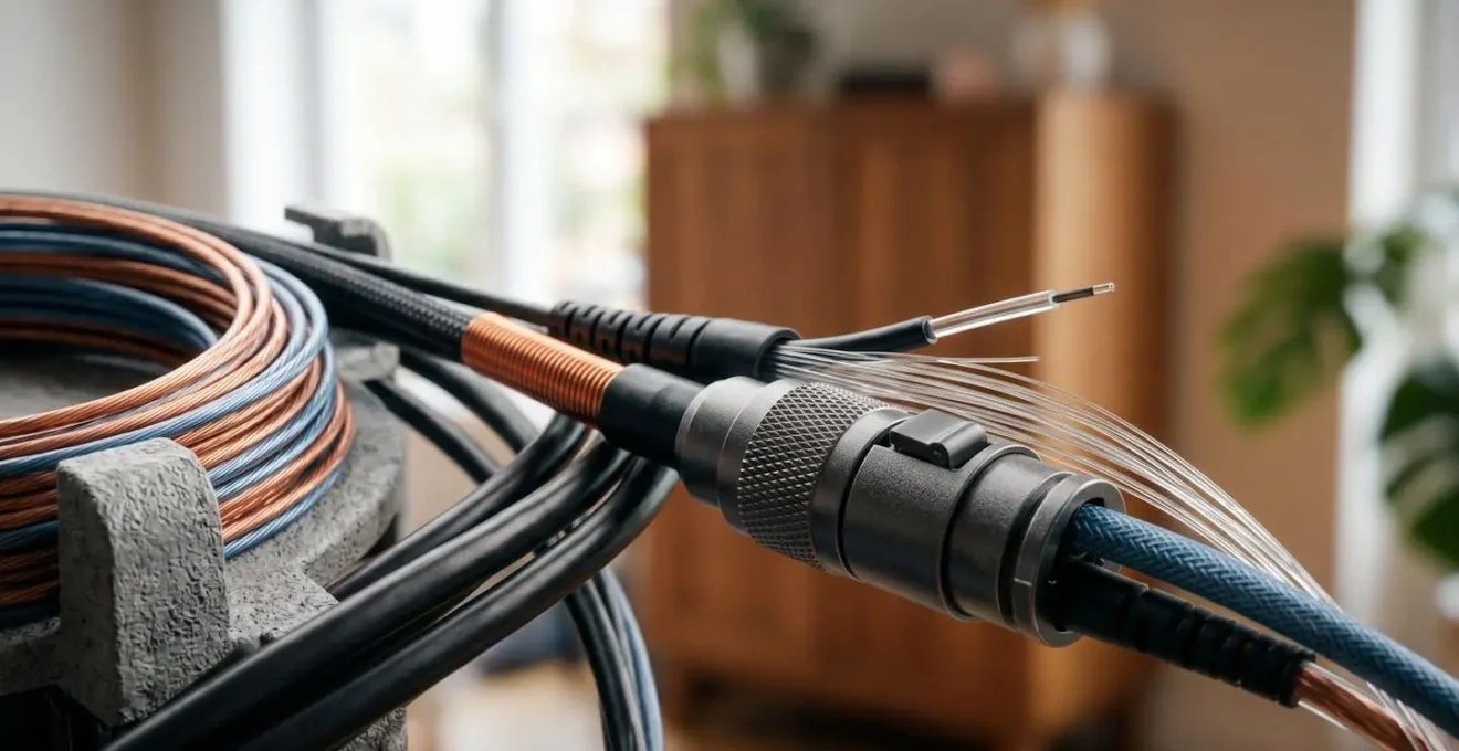 Vue macro de câbles de connexion et équipement technique pour une installation à domicile, symbolisant une maison connectée.
