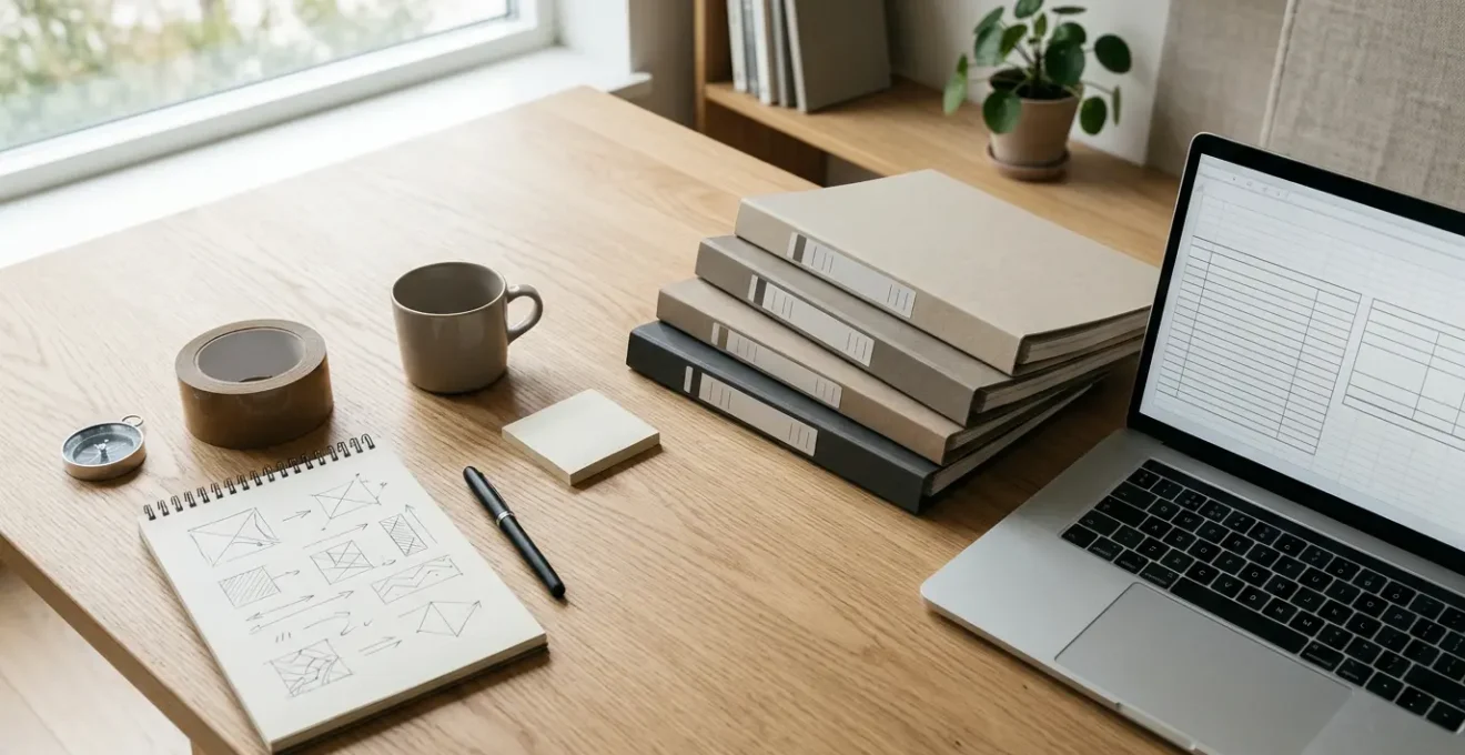 Scène de préparation d'inventaire de déménagement international avec documentation et organisation méthodique