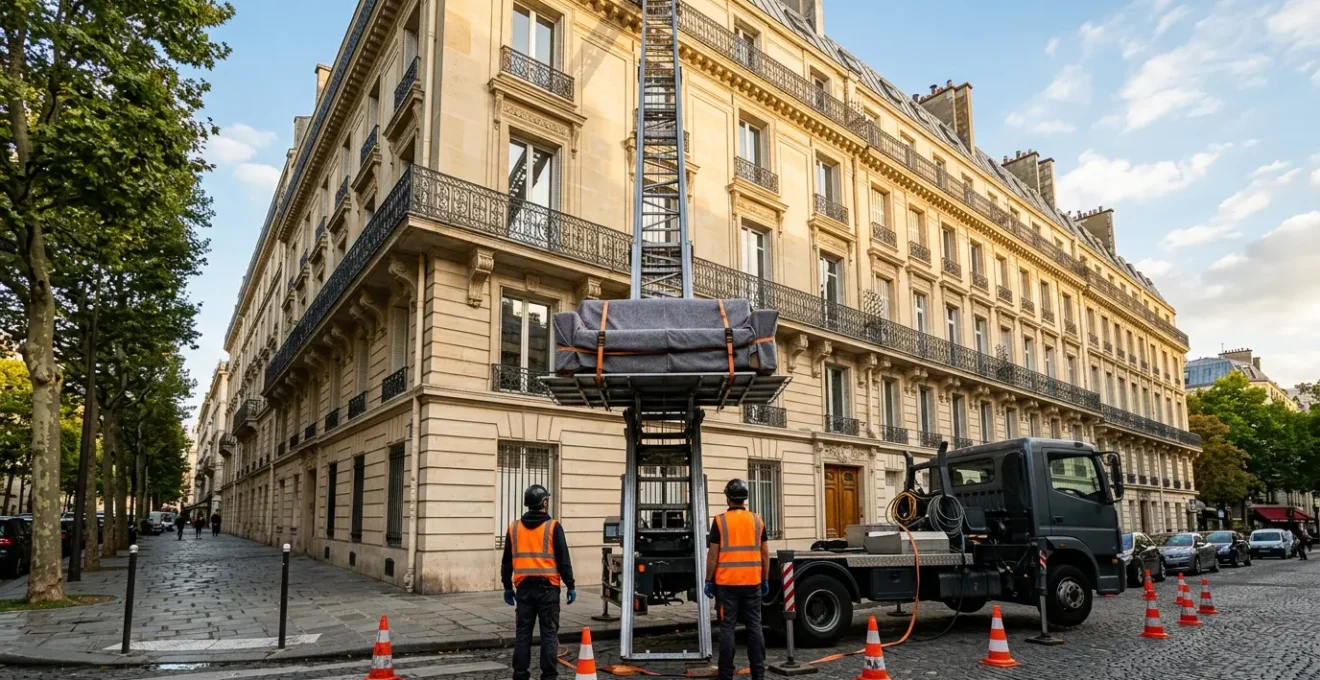 Opération professionnelle de levage de meuble par l'extérieur d'un immeuble avec équipement spécialisé