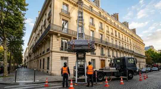 Opération professionnelle de levage de meuble par l'extérieur d'un immeuble avec équipement spécialisé