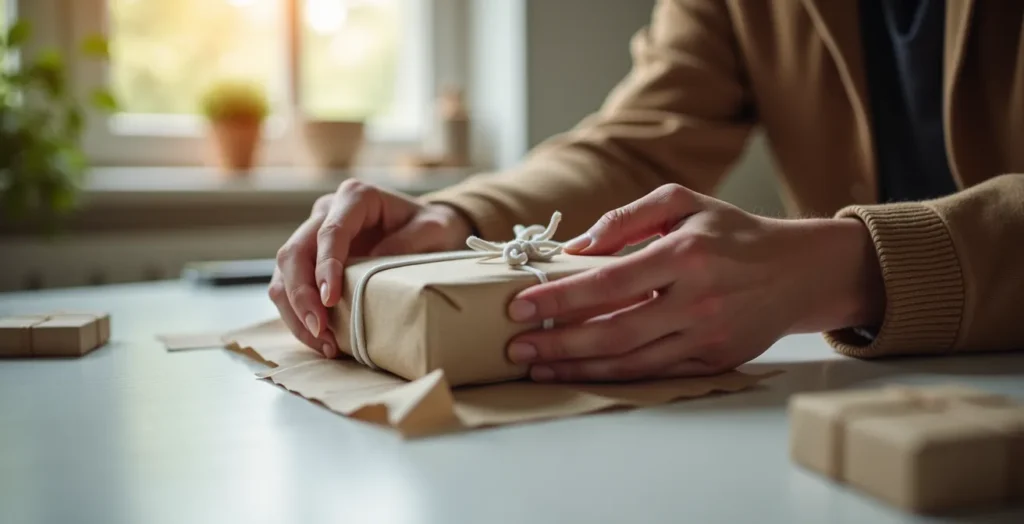 Mains délicates rangeant avec soin des objets personnels dans une boîte, évoquant le processus émotionnel du tri