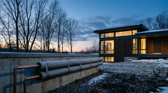 Maison moderne avec tuyauterie visible protégée contre le gel hivernal