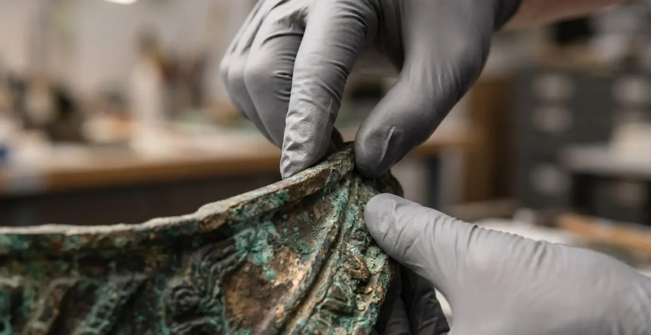 Manipulation professionnelle d'une œuvre d'art avec des gants spécialisés dans un atelier de conservation
