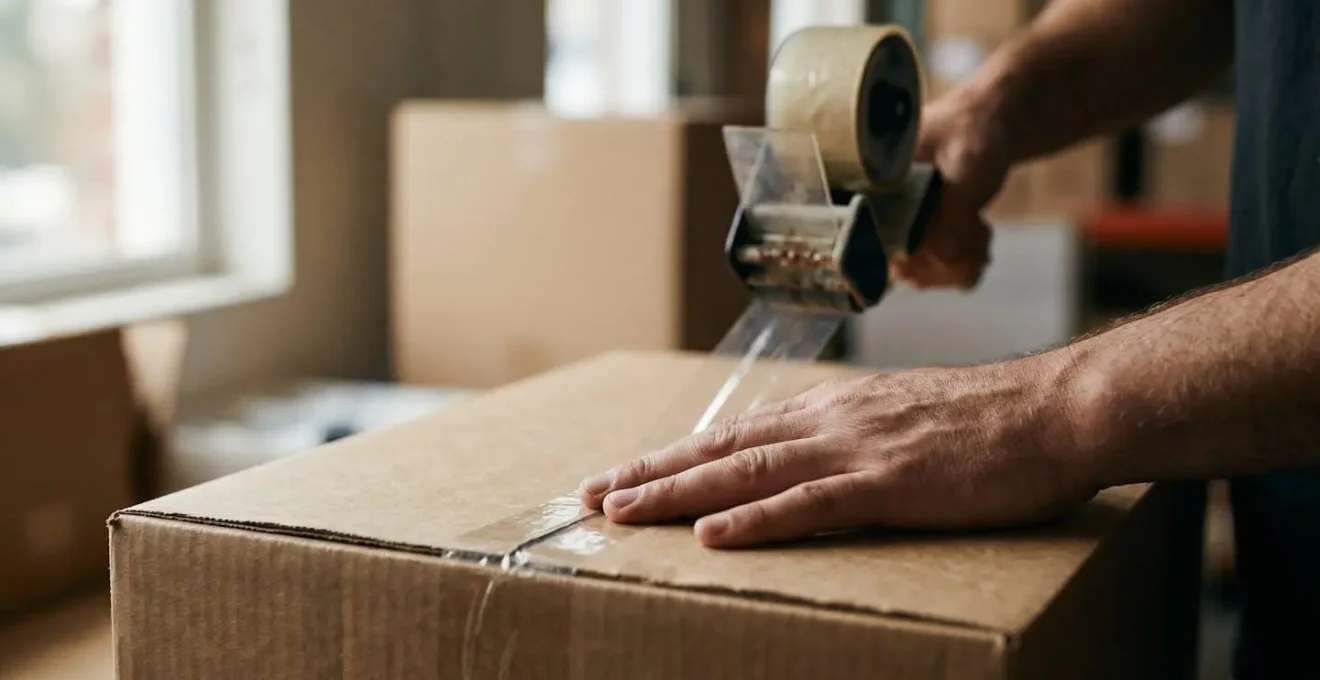 Gros plan des mains appliquant du ruban adhésif selon la technique en H sur un carton de déménagement