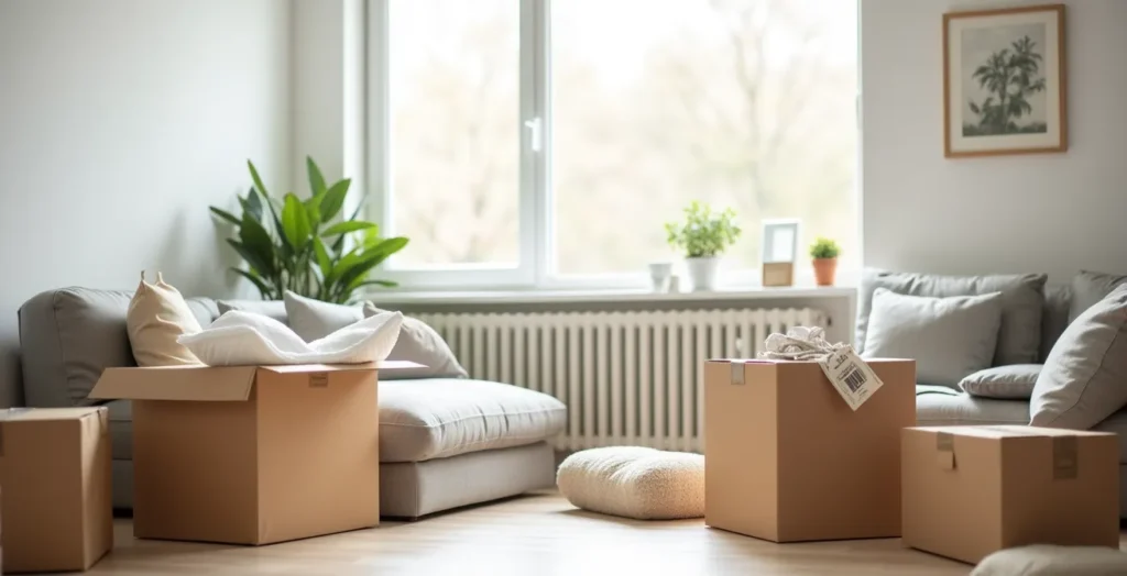 Vue environnementale d'un salon avec cartons et objets fragiles soigneusement emballés