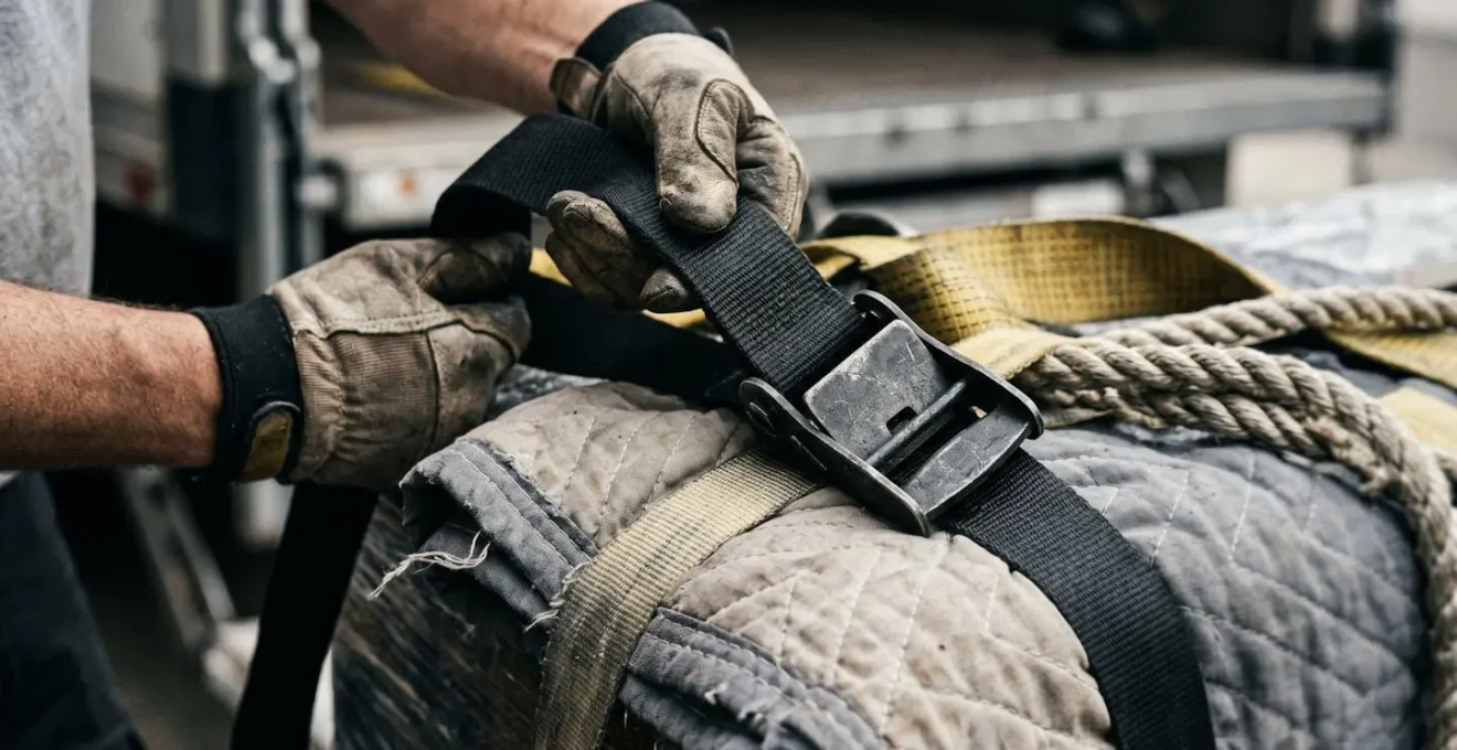 Gros plan sur les mains d'un technicien professionnel sécurisant l'arrimage d'un meuble sur plateforme de levage