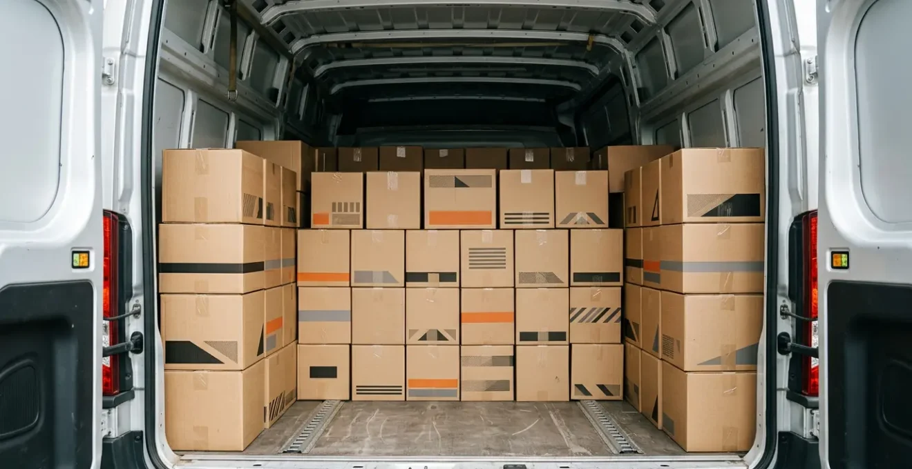 Organisation méthodique de cartons standardisés dans un utilitaire de déménagement pour optimiser l'espace