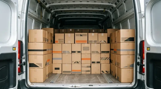 Organisation méthodique de cartons standardisés dans un utilitaire de déménagement pour optimiser l'espace