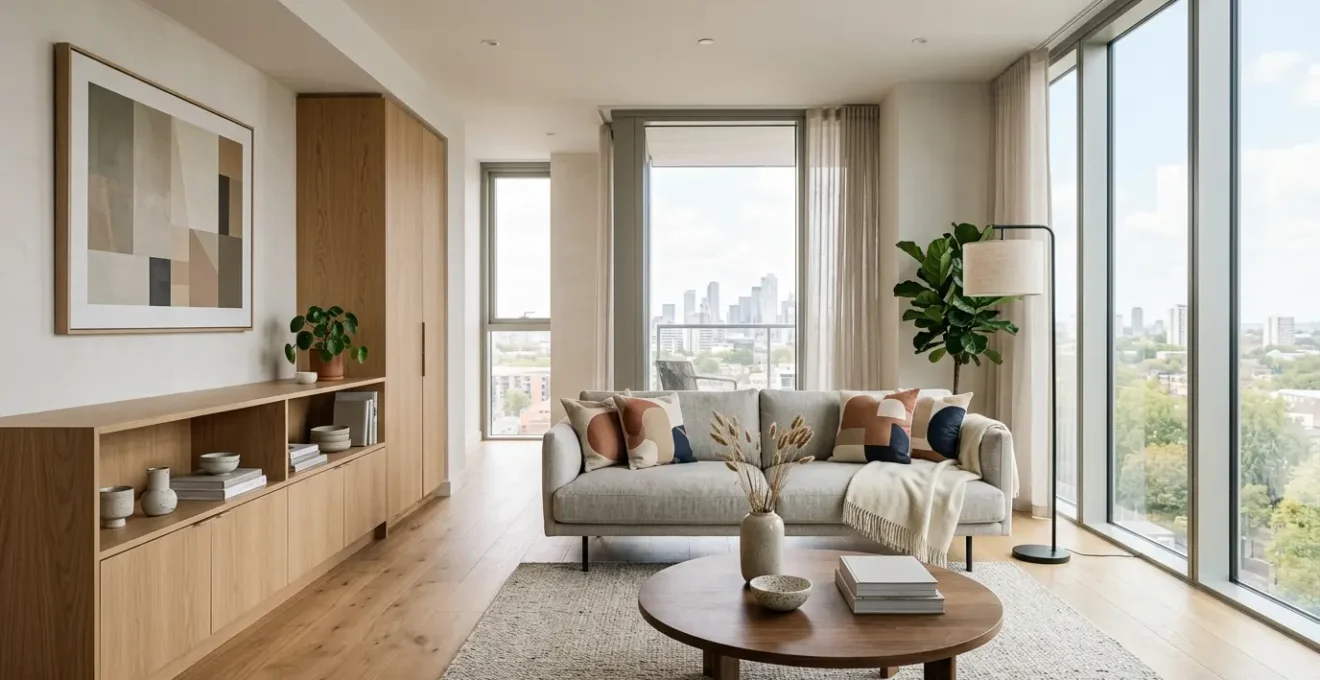 Intérieur d'appartement urbain moderne épuré avec espace libéré grâce au stockage externe