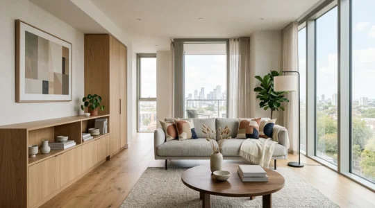 Intérieur d'appartement urbain moderne épuré avec espace libéré grâce au stockage externe